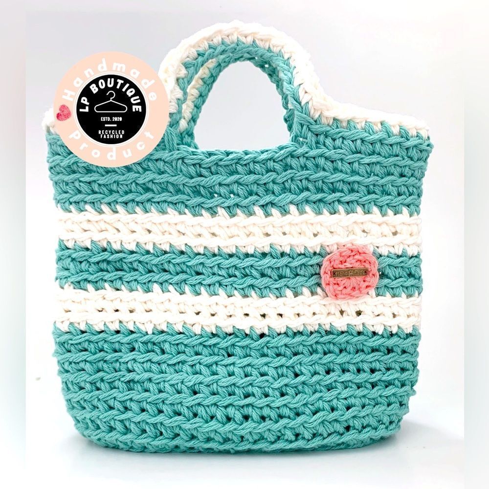 👜Handcrafted Teal and Cream Tote Bag